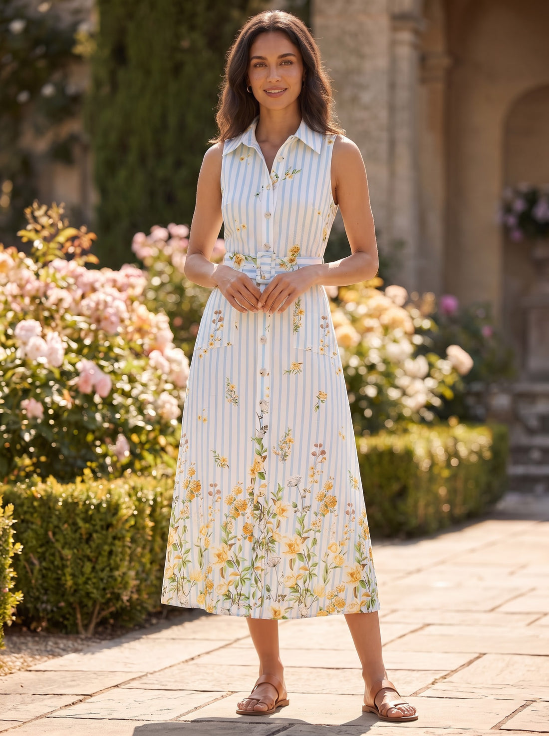 Striped Floral Print Belted Midi Dress
