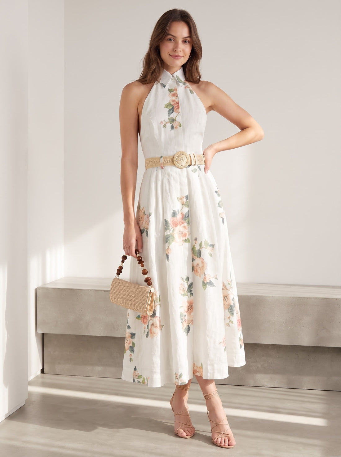 Floral Printed Collared Belted Midi Dress