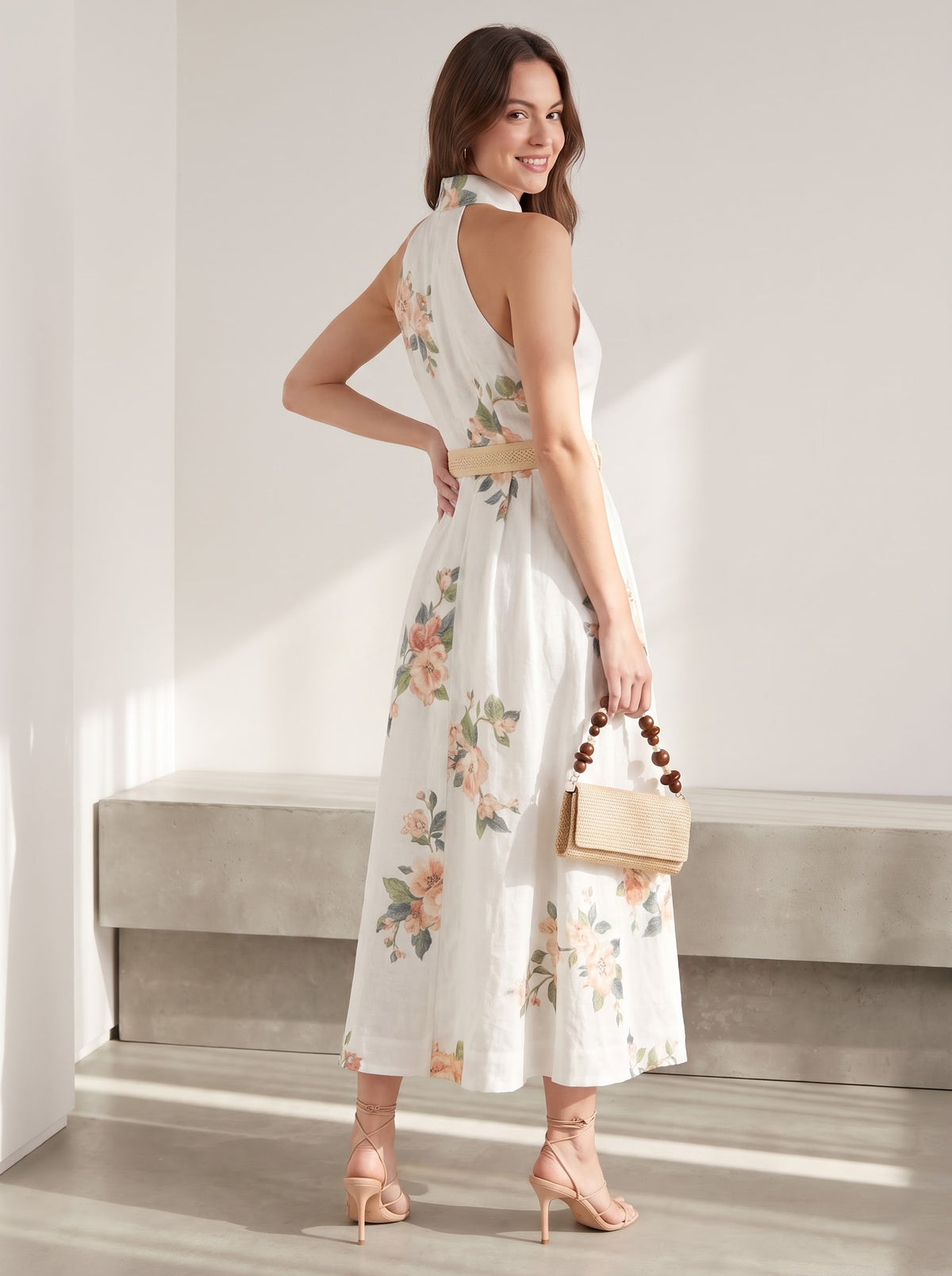 Floral Printed Collared Belted Midi Dress