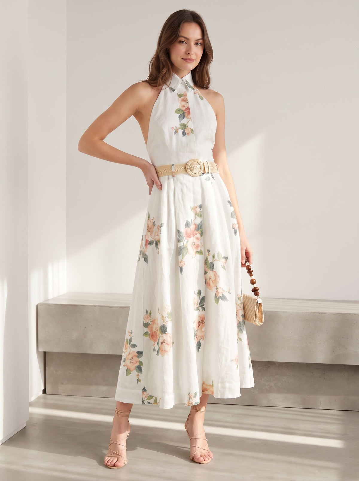 Floral Printed Collared Belted Midi Dress