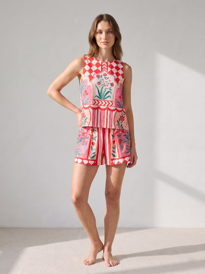 Vibrant Floral &amp; Checkerboard Printed Co-ord Set