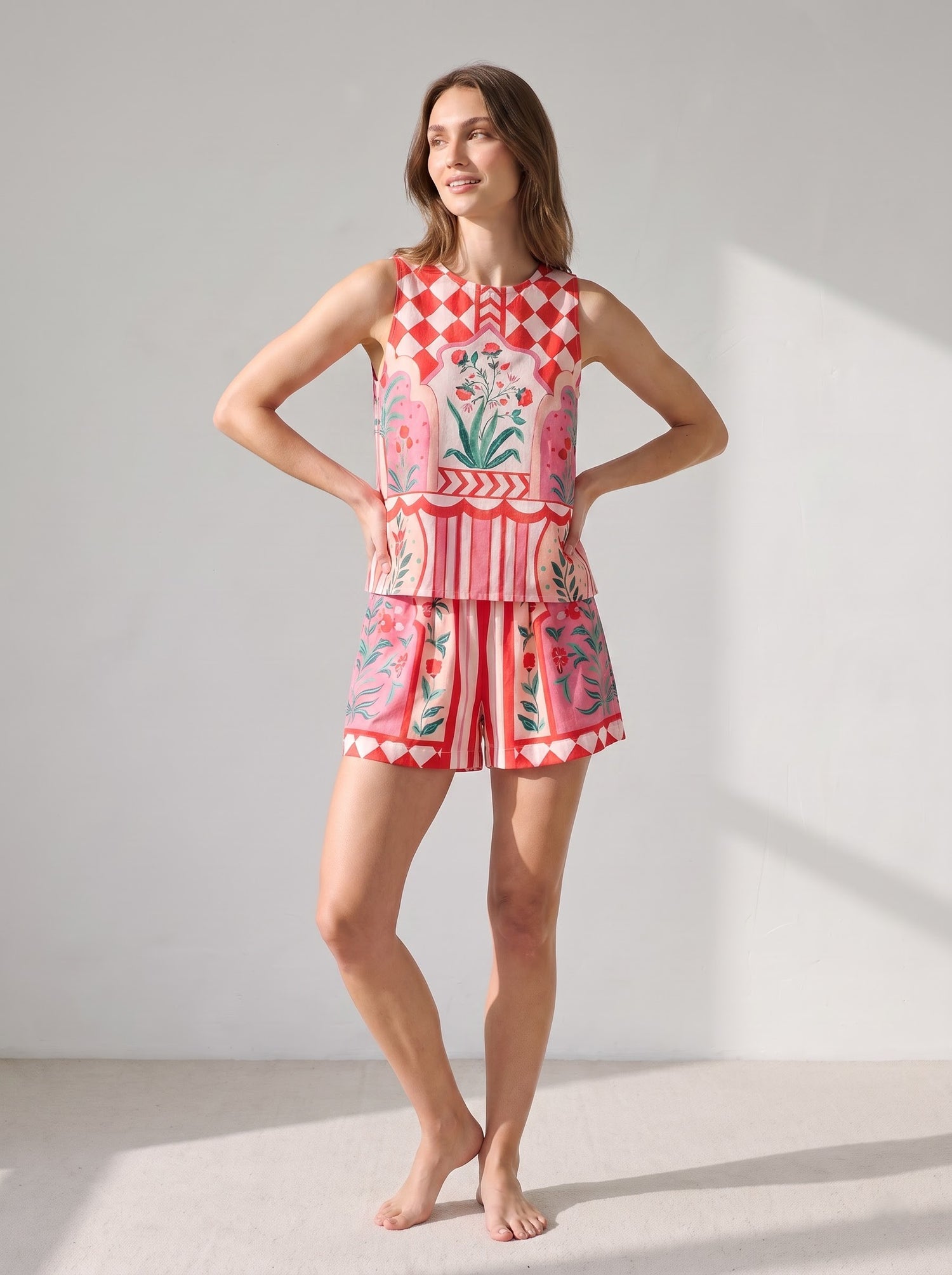 Vibrant Floral &amp; Checkerboard Printed Co-ord Set