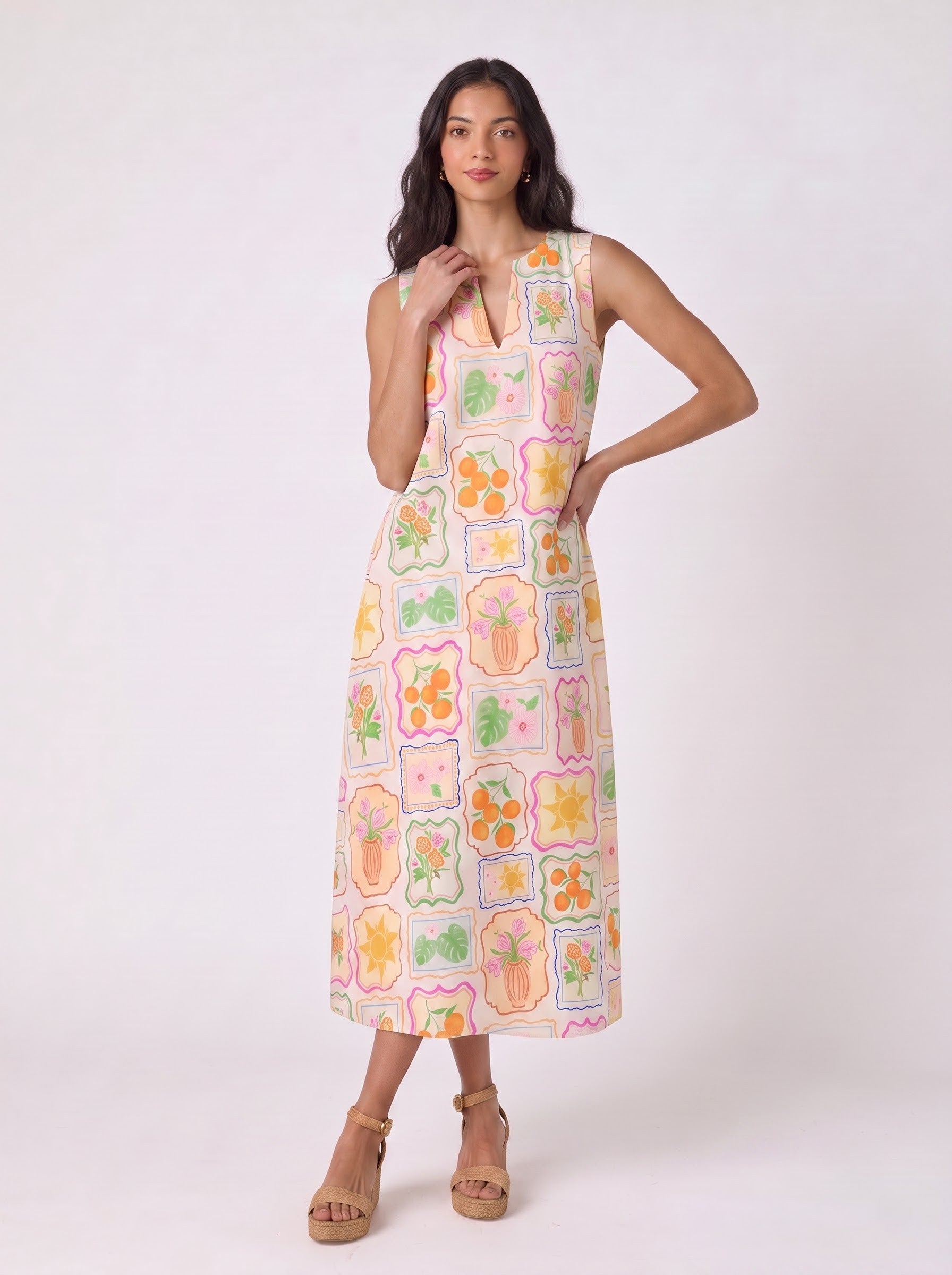Multicolor Botanical Frame Print Midi Dress