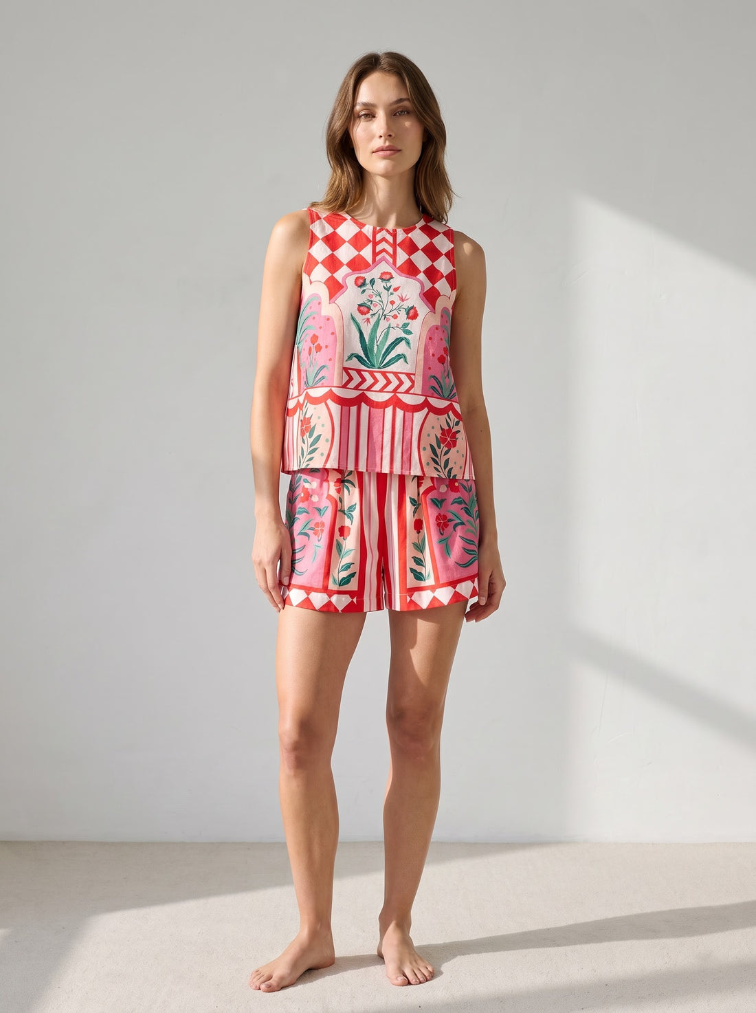 Vibrant Floral & Checkerboard Printed Co-ord Set