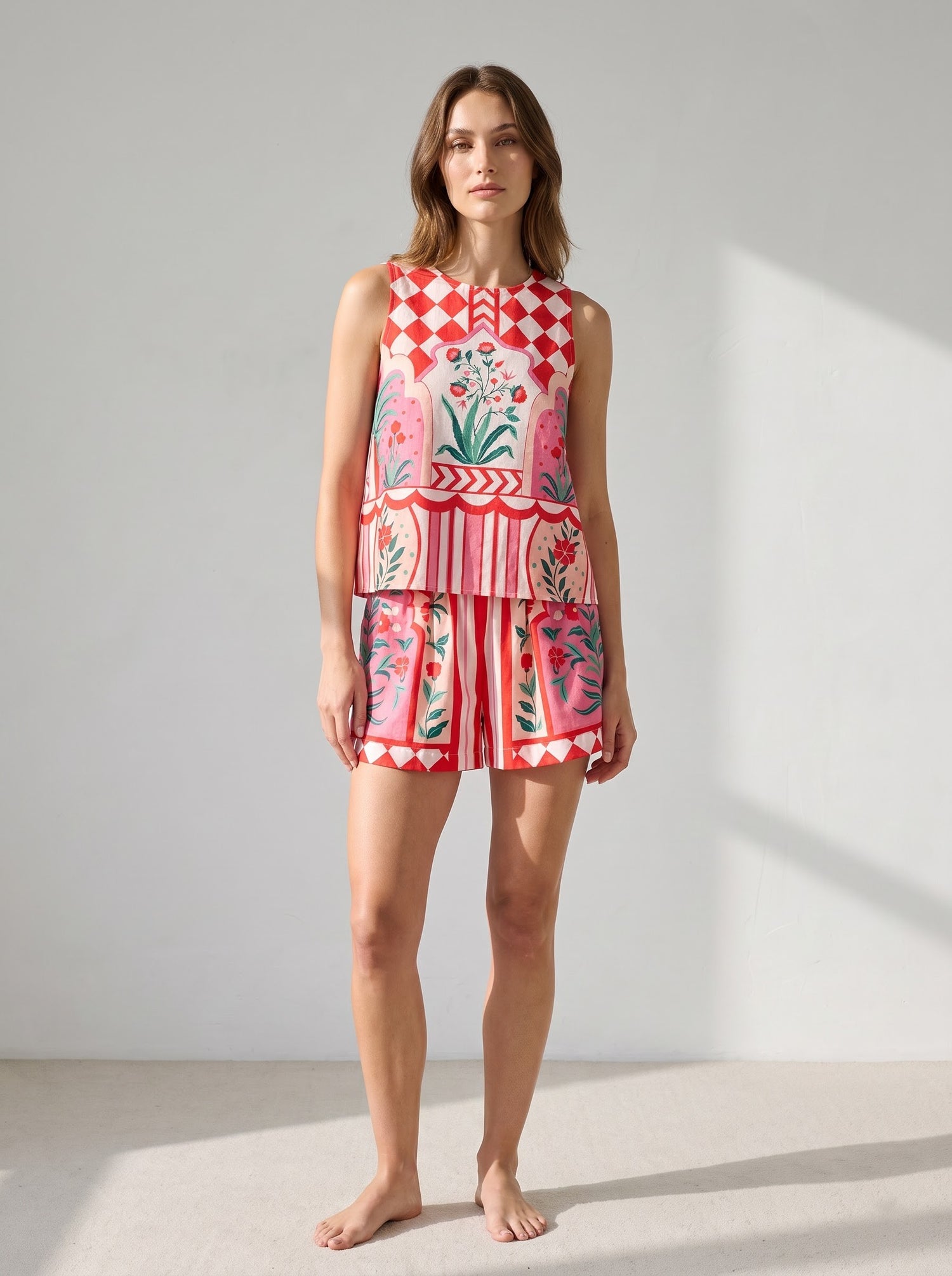 Vibrant Floral &amp; Checkerboard Printed Co-ord Set