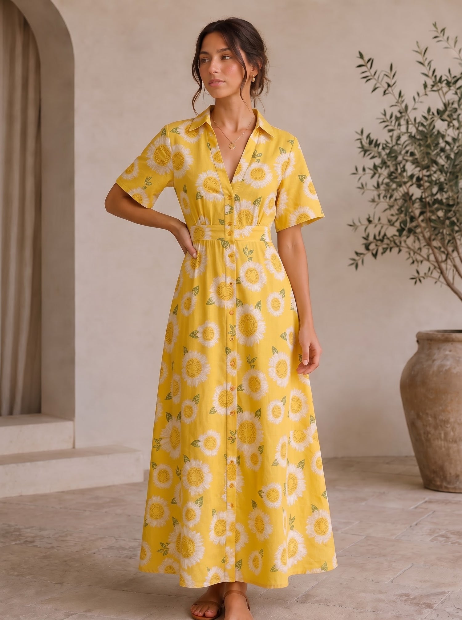 Yellow Sunflower Button-Down Maxi Dress