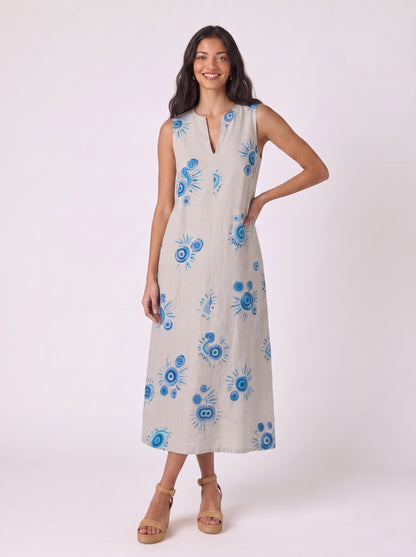 Evil Eye Print Sleeveless Midi Dress