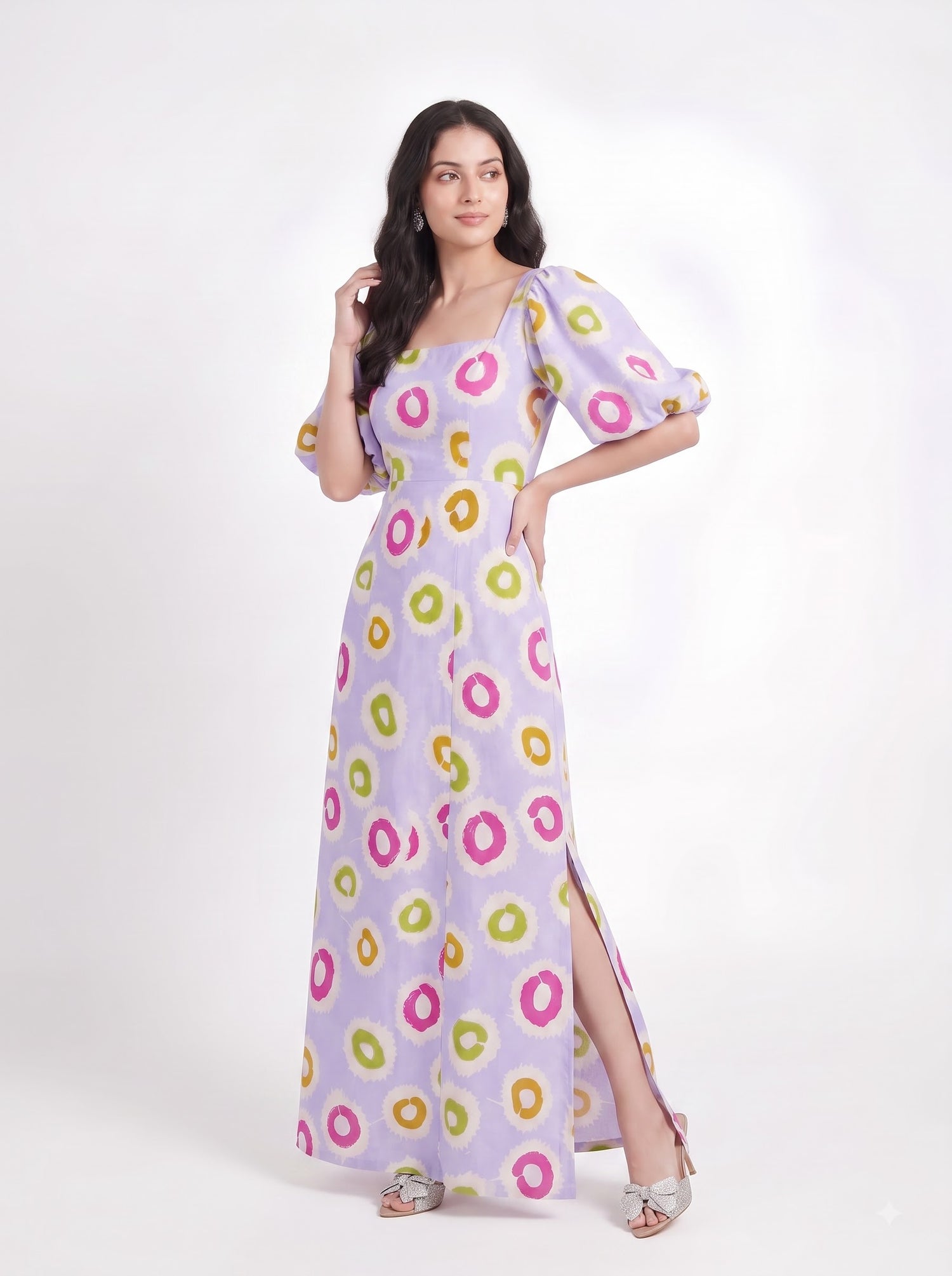 Lavender Abstract Circle Print Maxi Dress