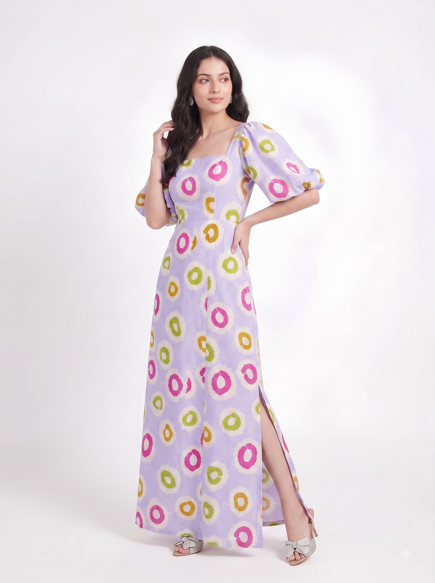 Lavender Abstract Circle Print Maxi Dress