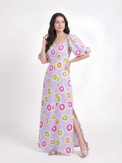 Lavender Abstract Circle Print Maxi Dress