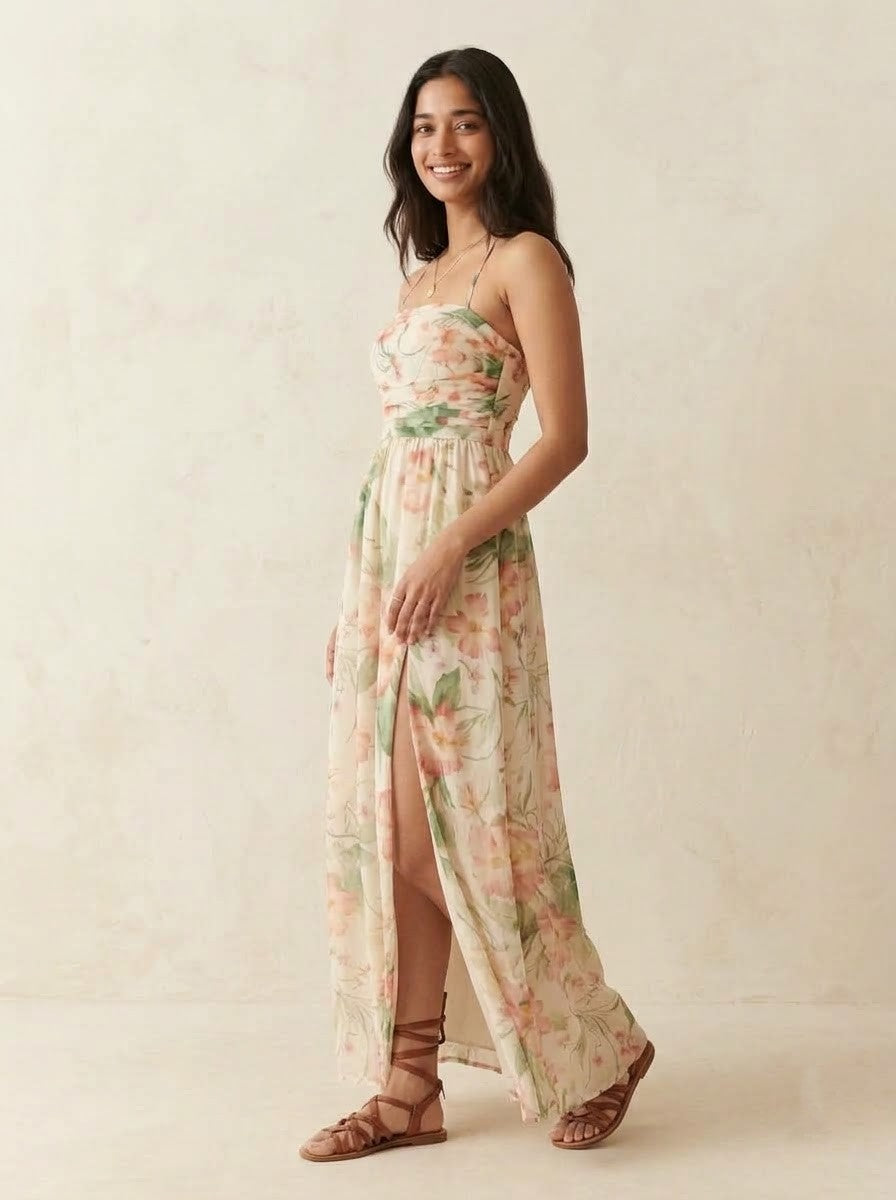 blush watercolour Strappy Slit Maxi Dress