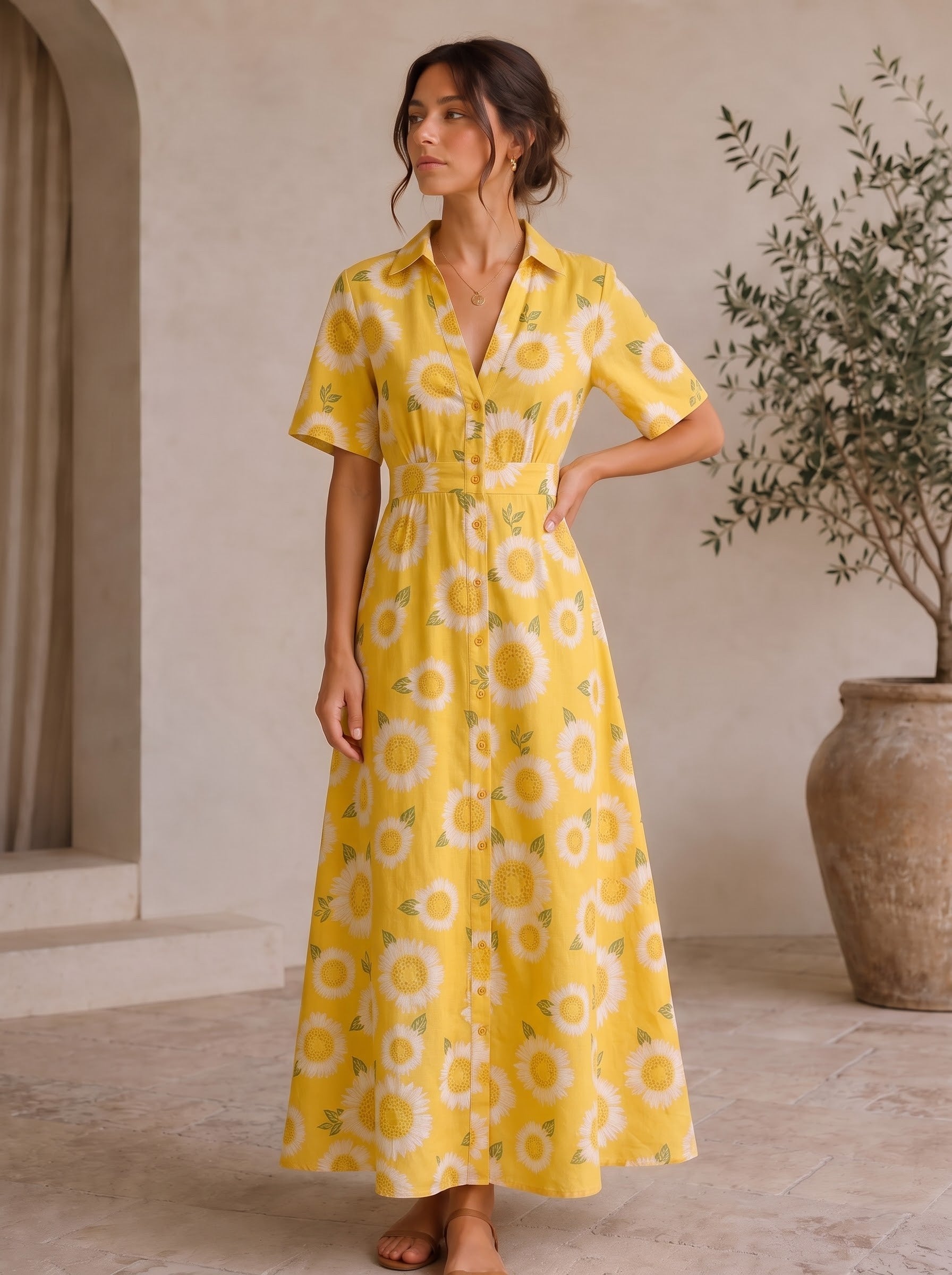 Yellow Sunflower Button-Down Maxi Dress