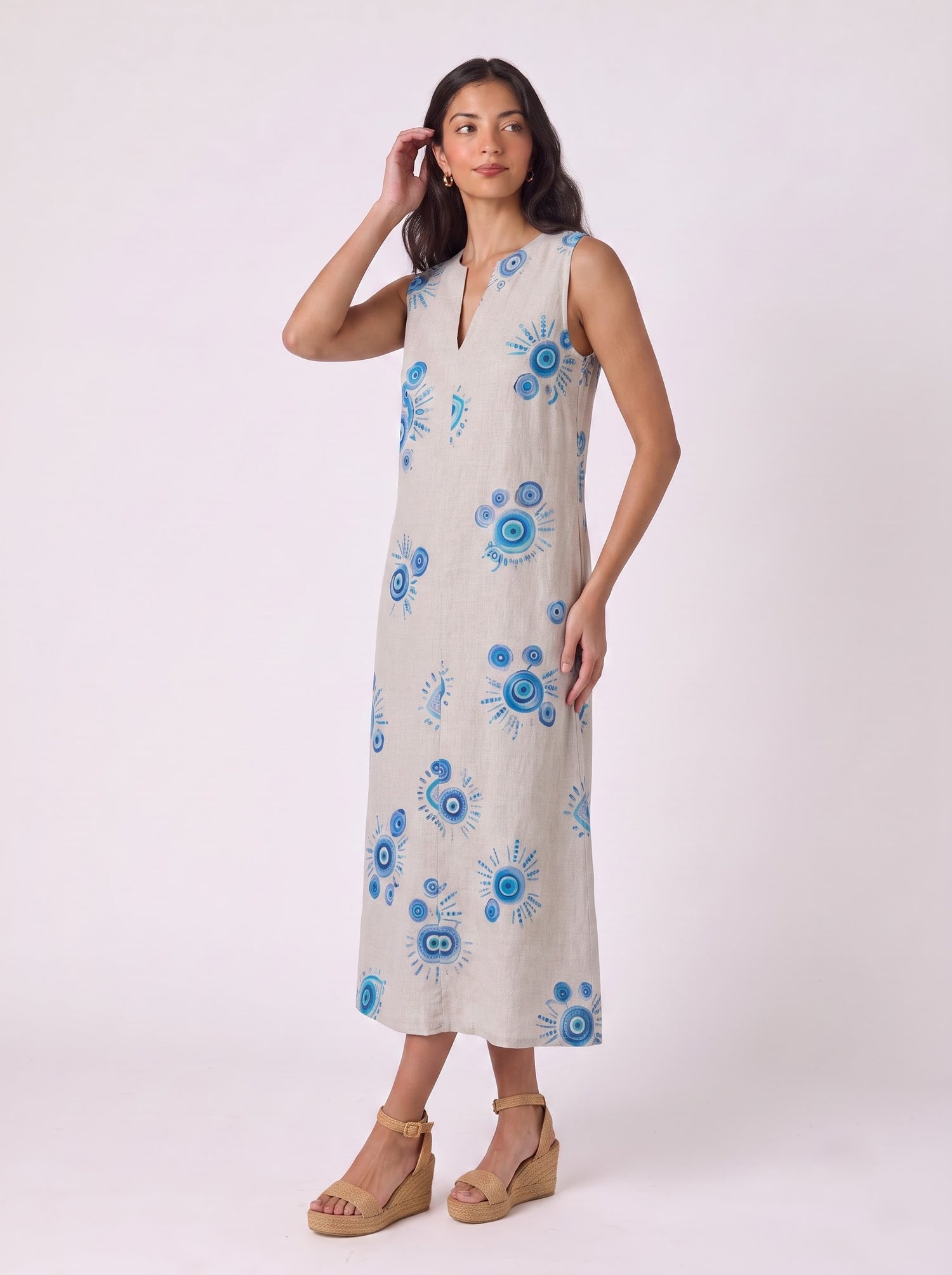 Evil Eye Print Sleeveless Midi Dress