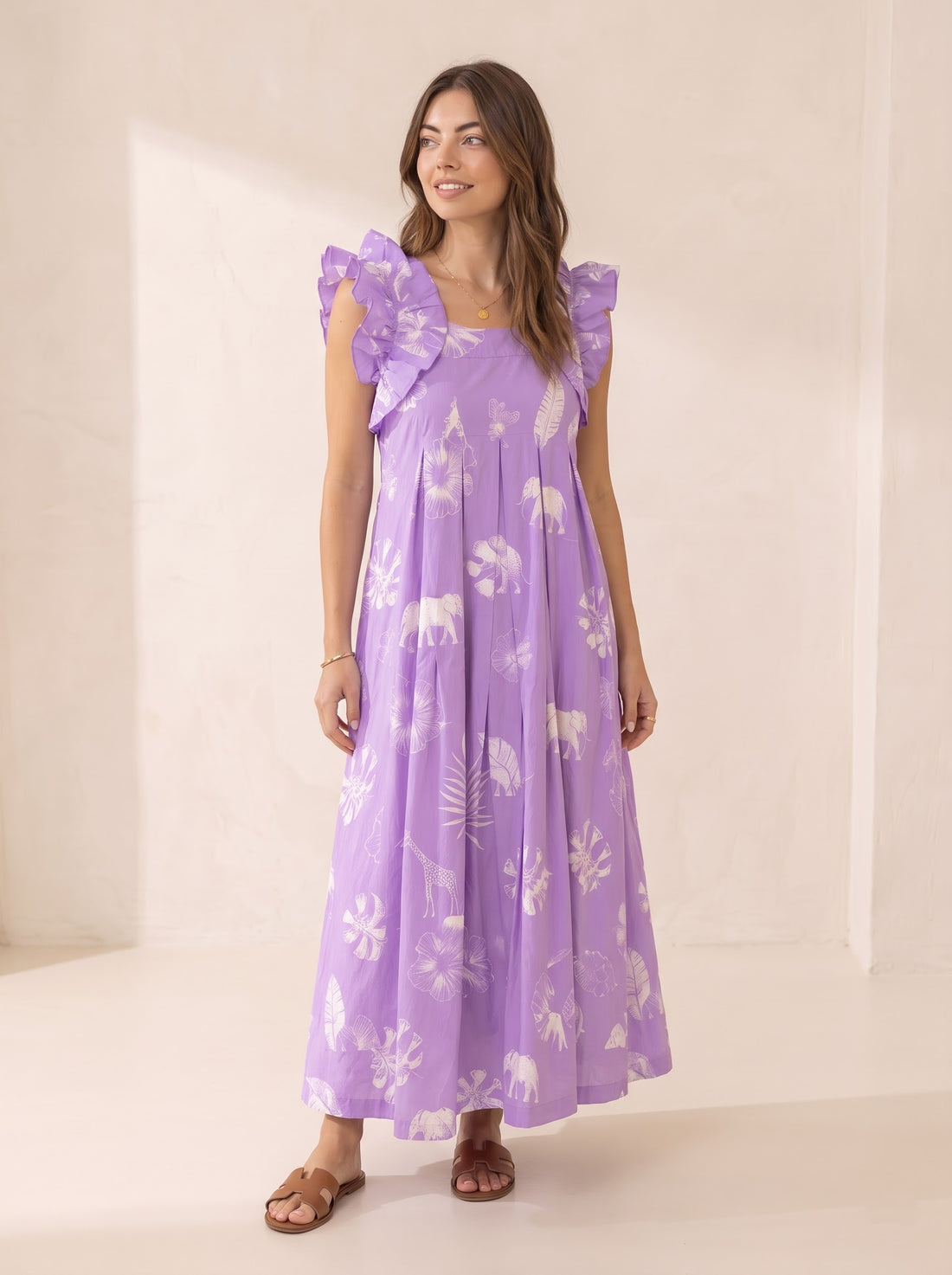 Lavender Tropical Safari Print Maxi Dress