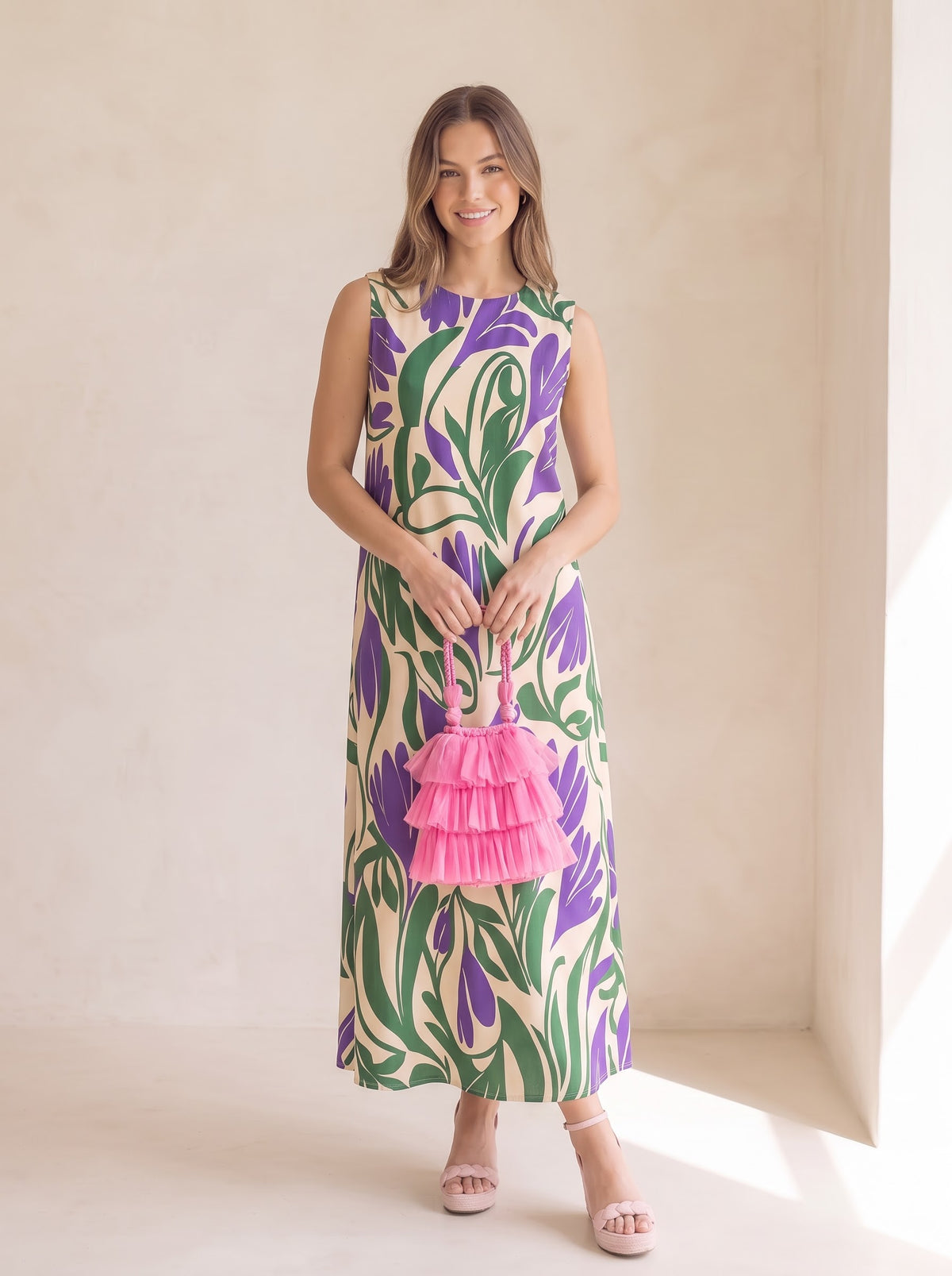 Purple &amp; Green Floral Print Maxi Dress