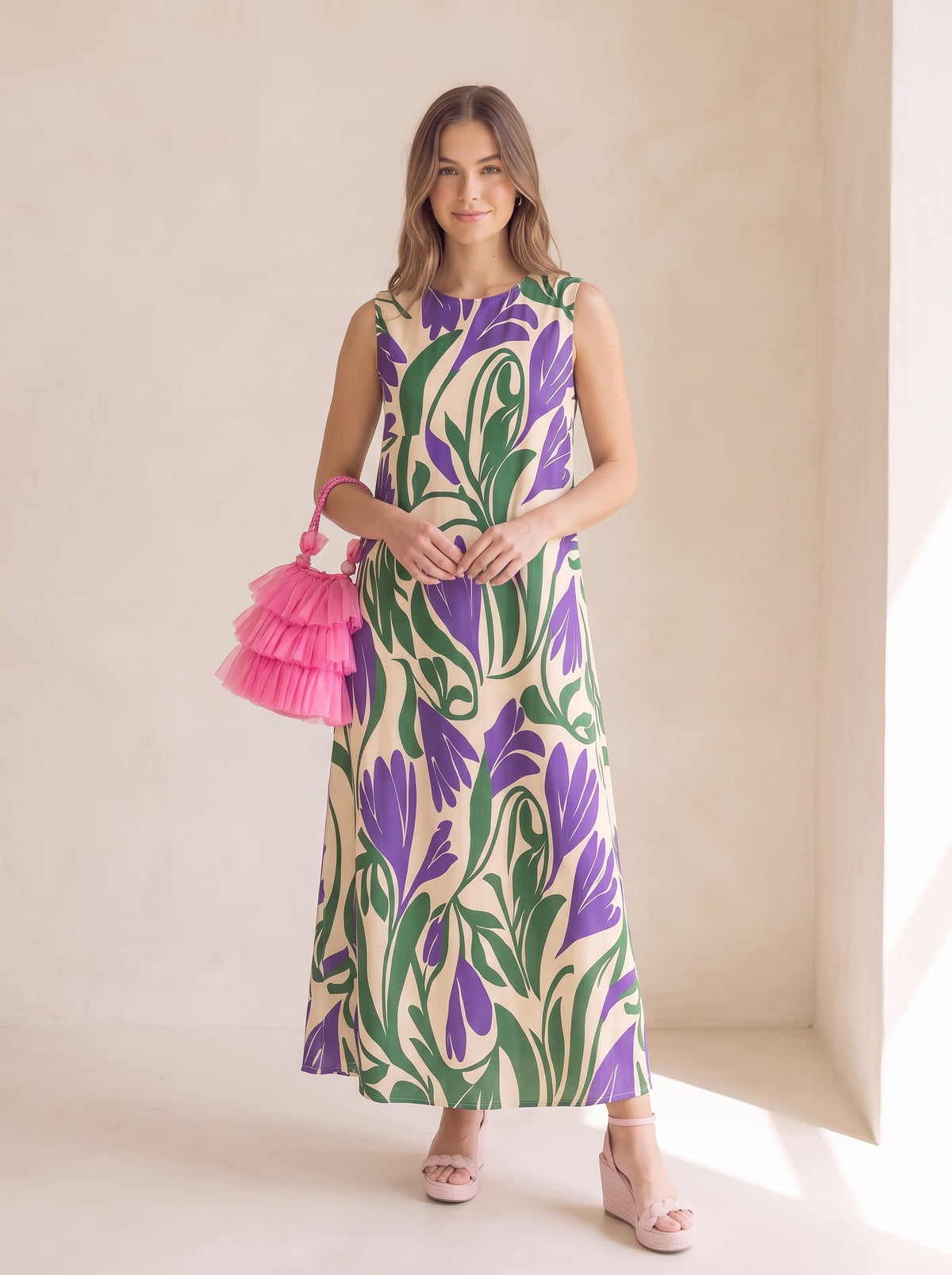 Purple &amp; Green Floral Print Maxi Dress