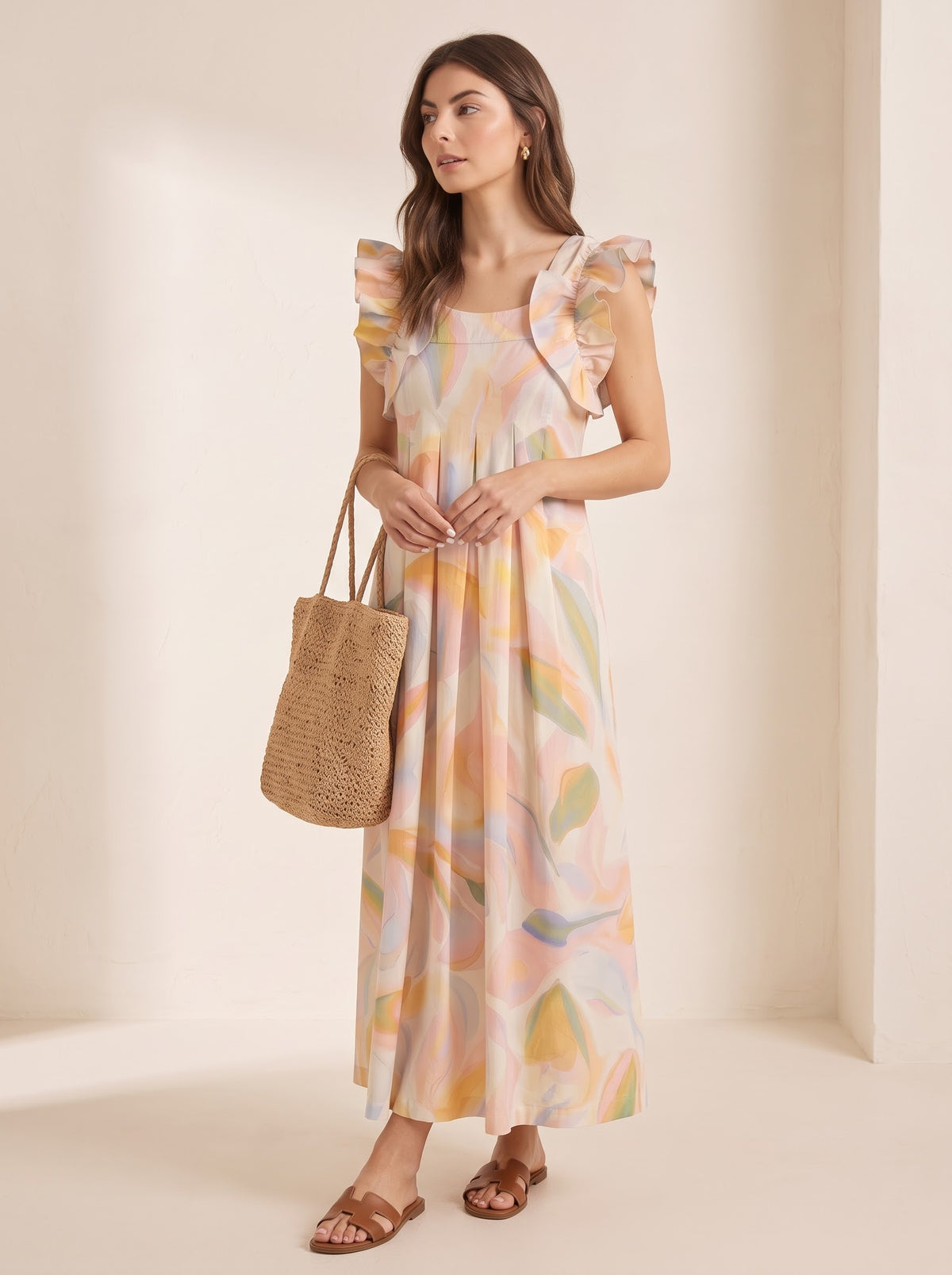 Pastel Abstract Leaf Print Maxi Dress