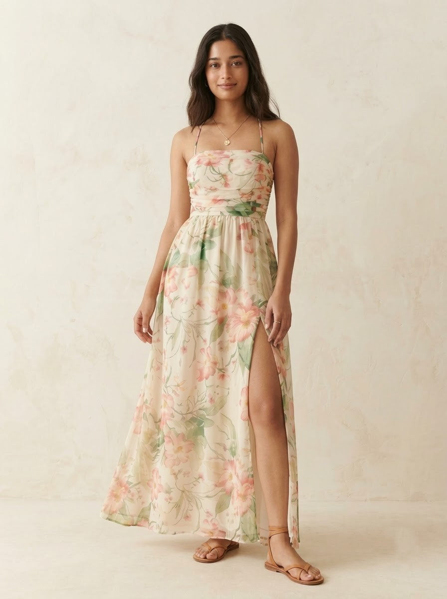 blush watercolour Strappy Slit Maxi Dress