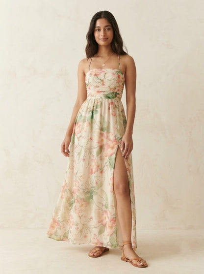 blush watercolour Strappy Slit Maxi Dress