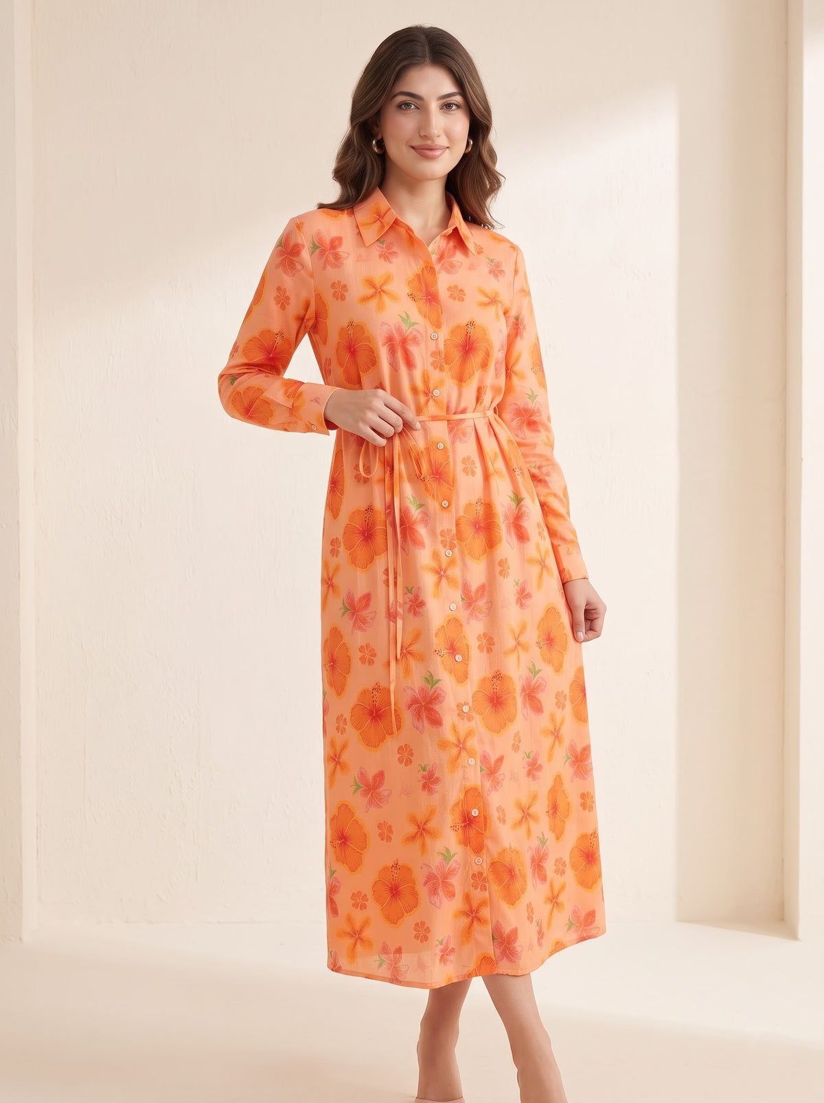 Peach Floral Belted Dress