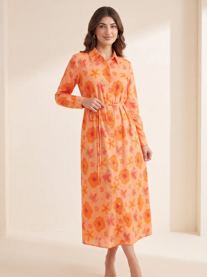 Peach Floral Belted Dress