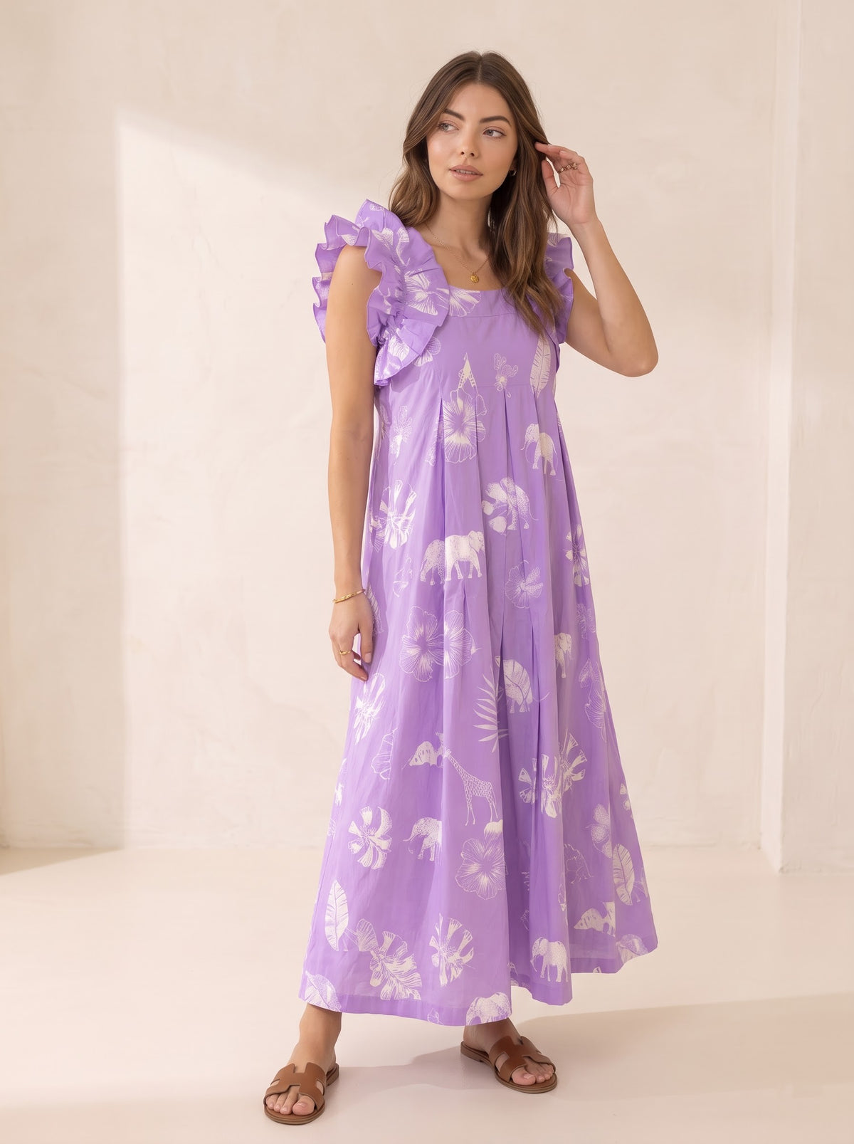 Lavender Tropical Safari Print Maxi Dress