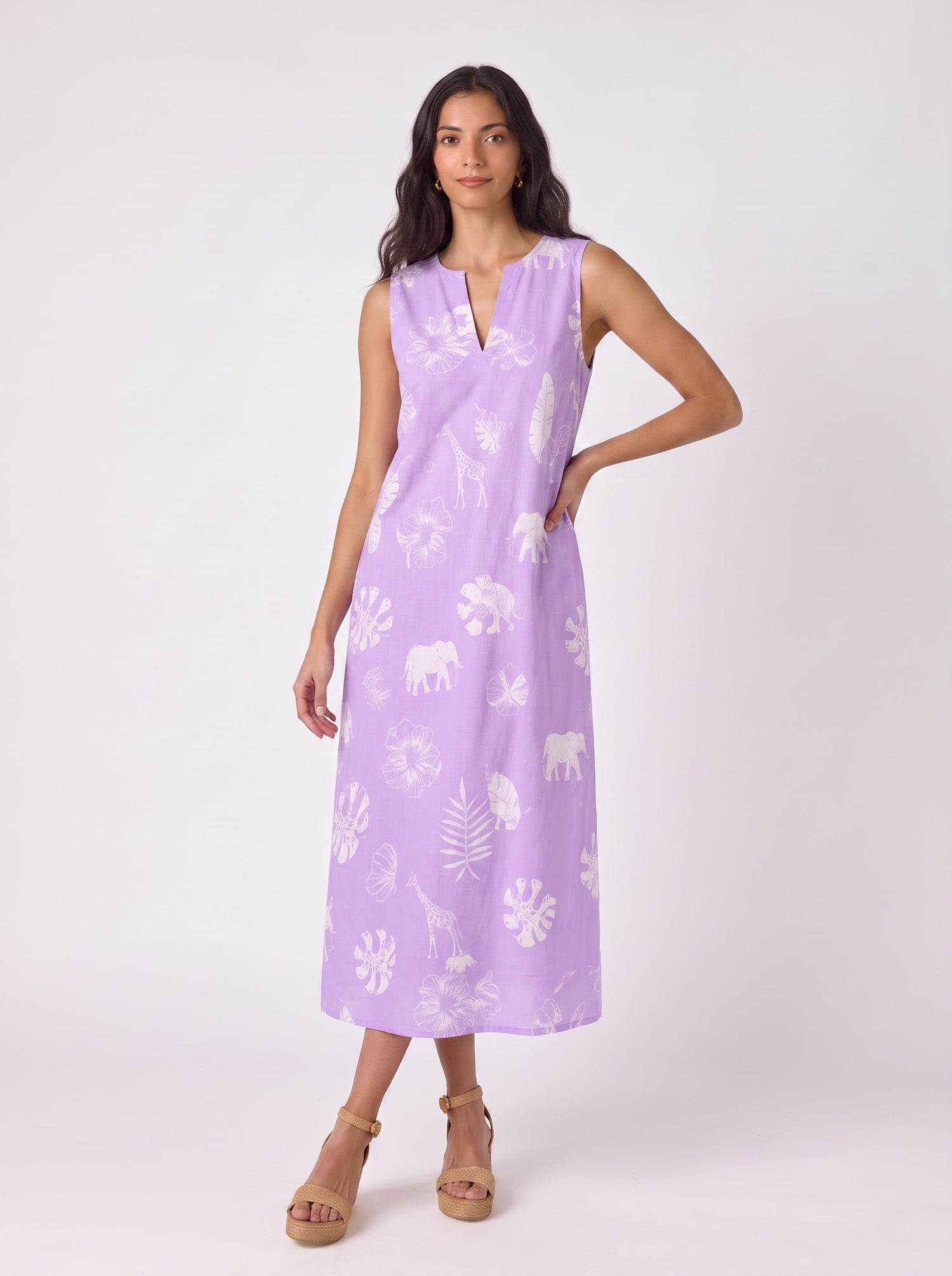 Lavender Safari Print Sleeveless Midi Dress
