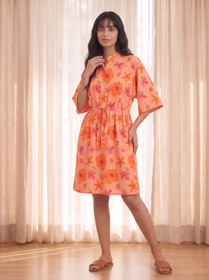 Peach Floral Print Shirt Dress