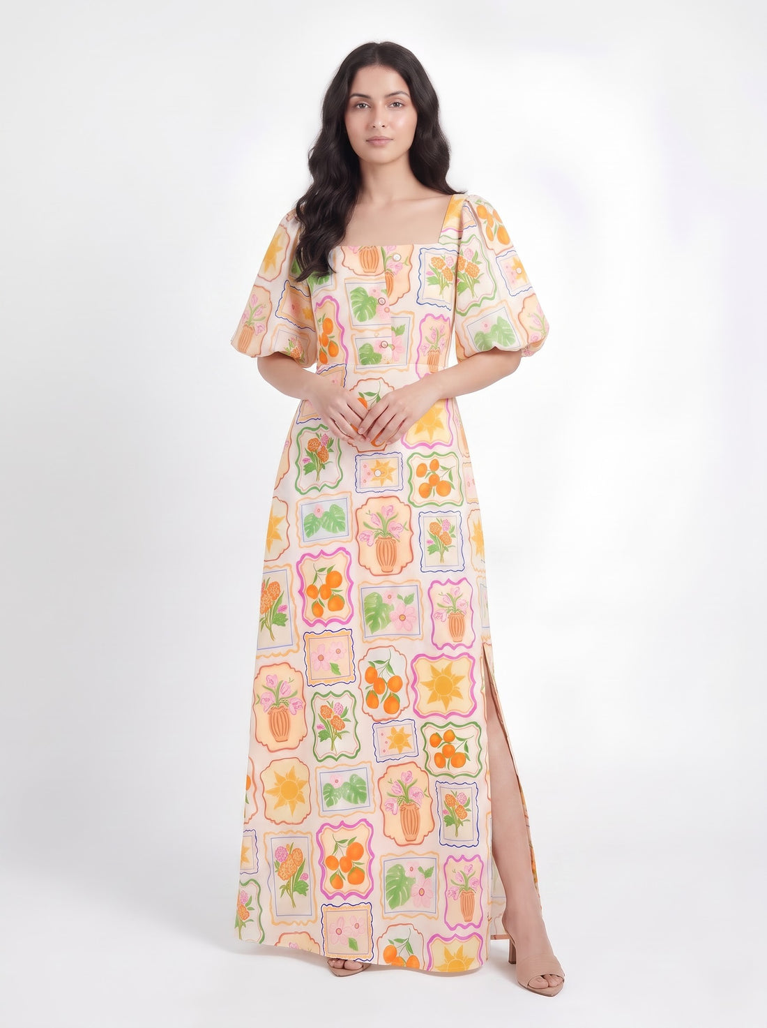 Ivory Multicolor Printed Puff Sleeve Maxi Dress