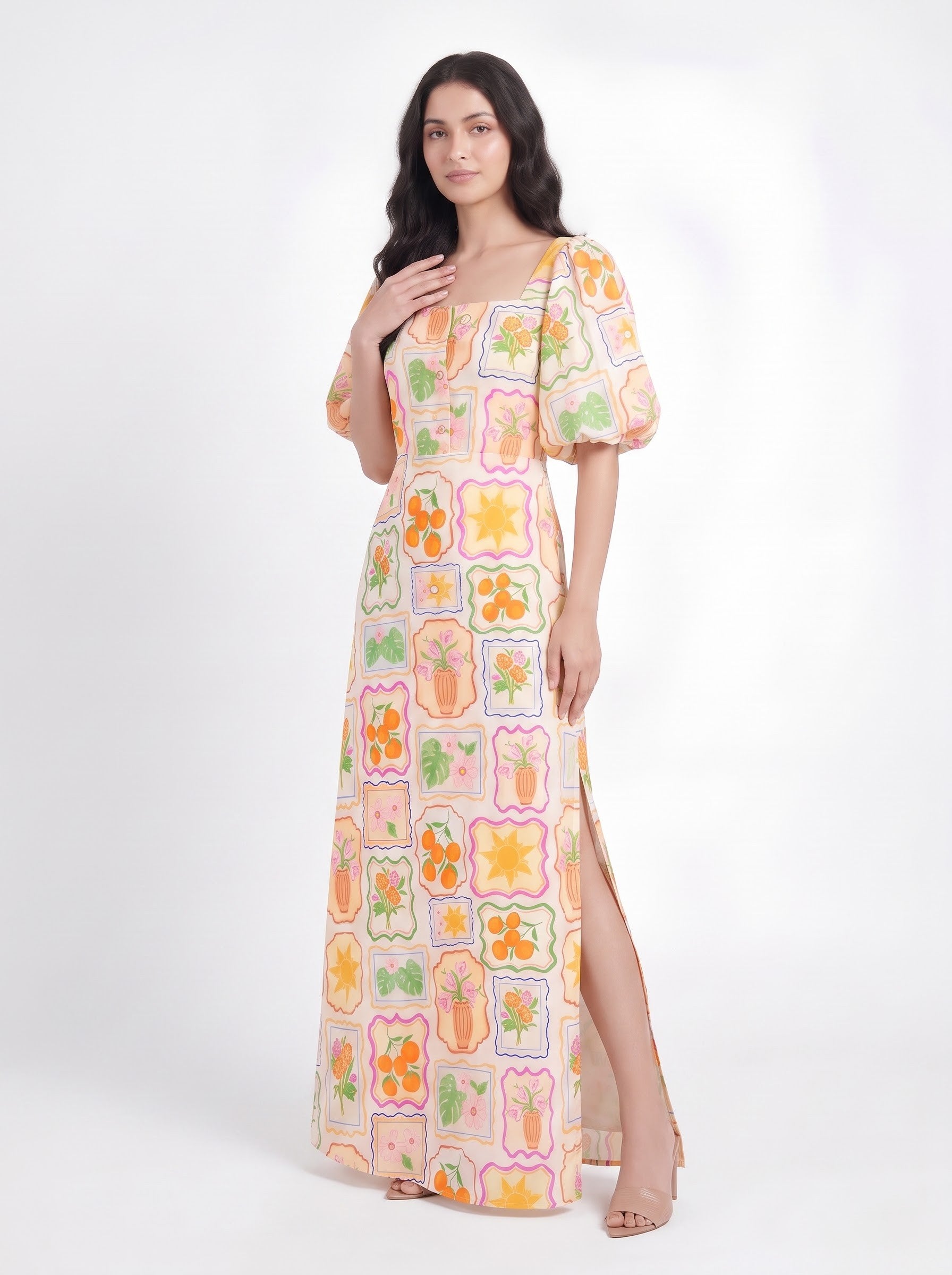 Ivory Multicolor Printed Puff Sleeve Maxi Dress