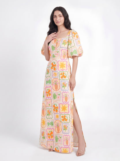 Ivory Multicolor Printed Puff Sleeve Maxi Dress
