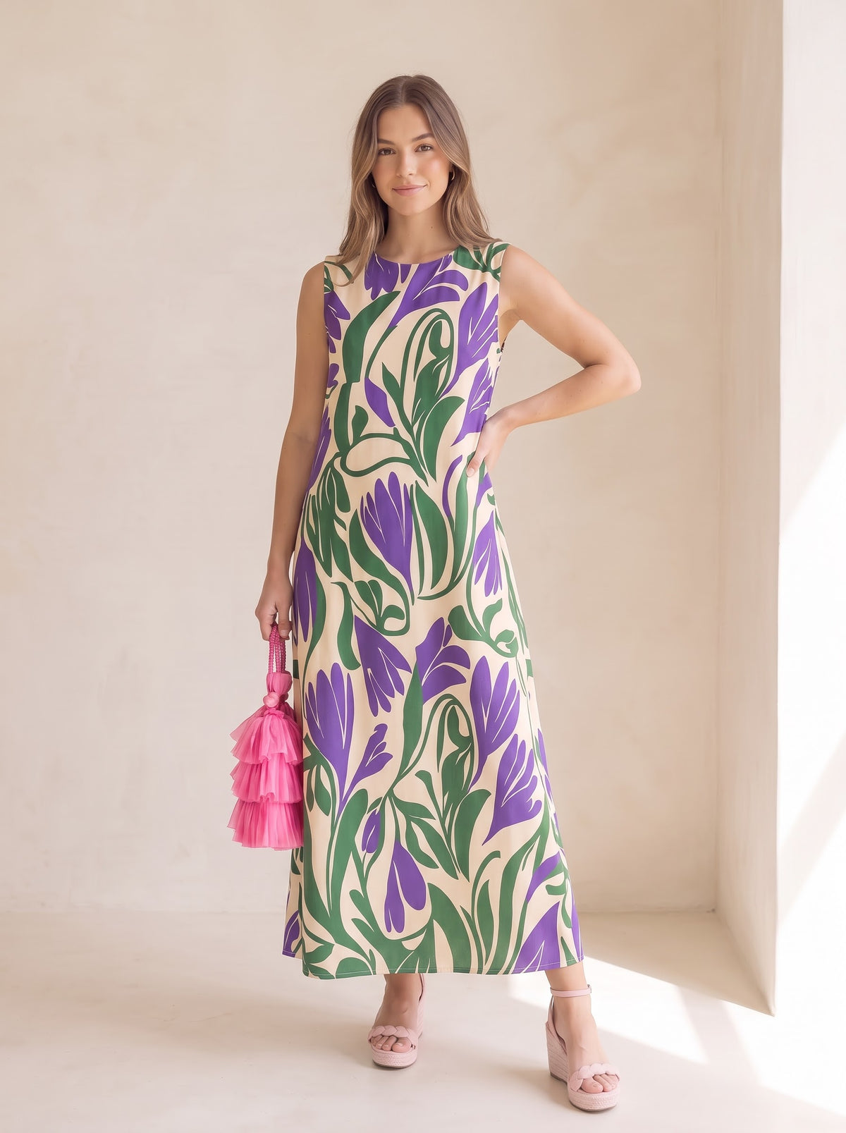 Purple &amp; Green Floral Print Maxi Dress
