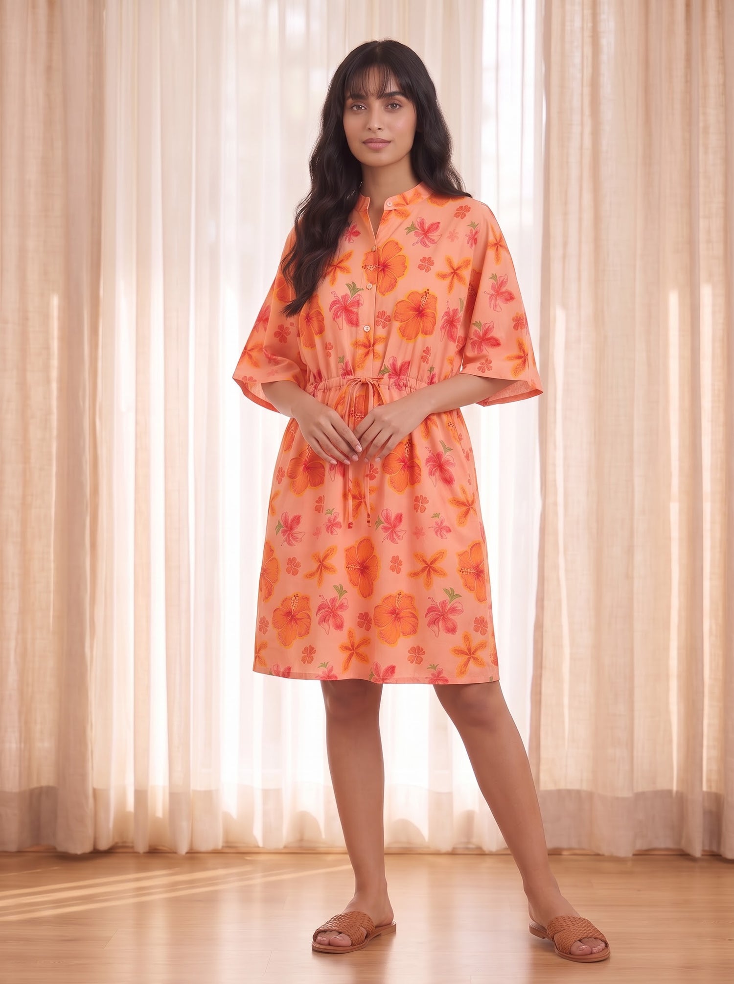Peach Floral Print Shirt Dress