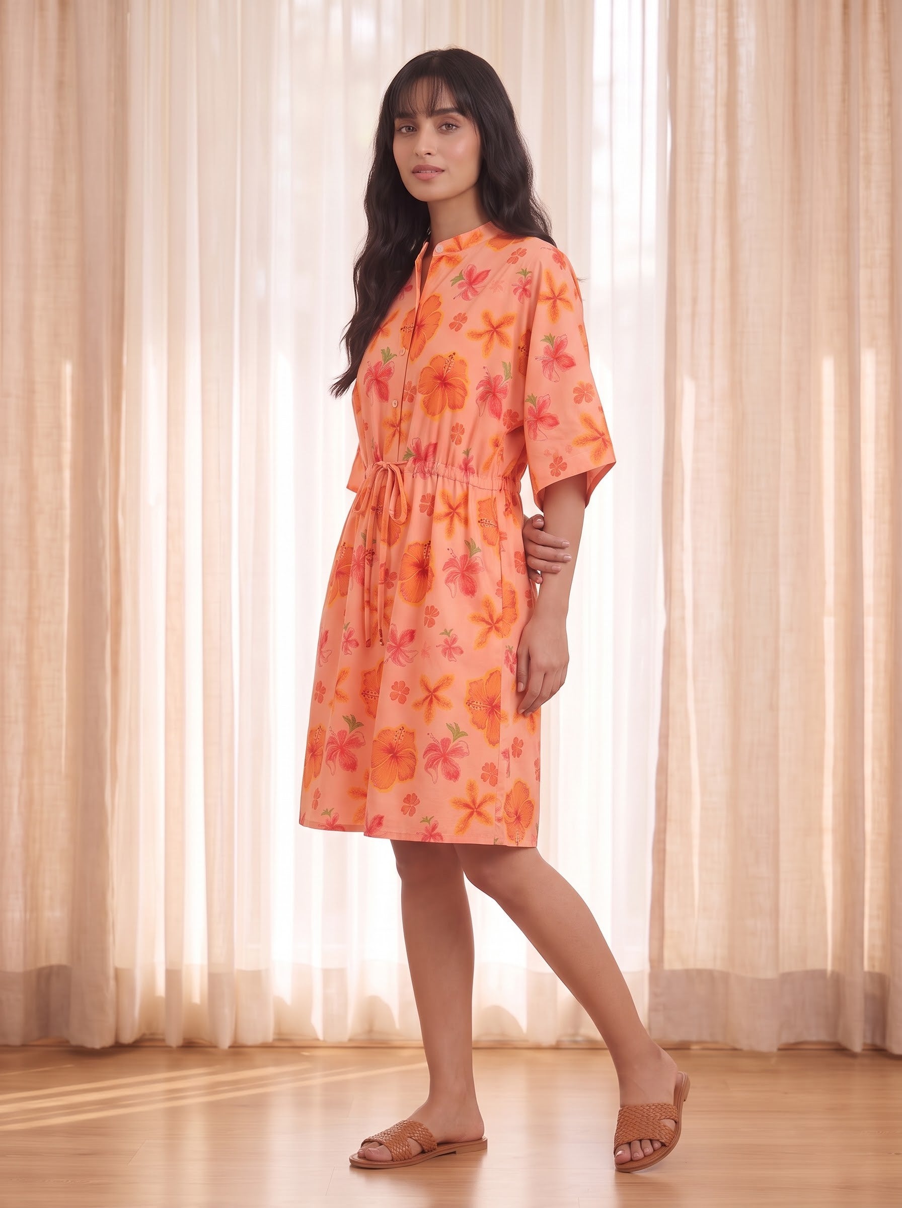 Peach Floral Print Shirt Dress