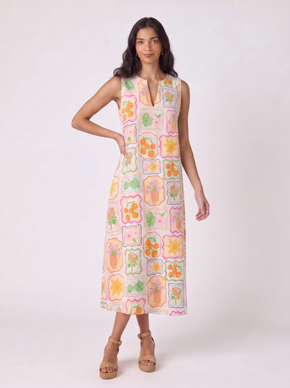 Multicolor Botanical Frame Print Midi Dress