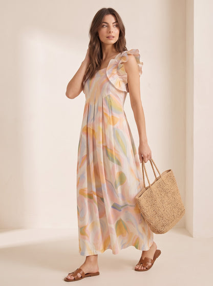 Pastel Abstract Leaf Print Maxi Dress