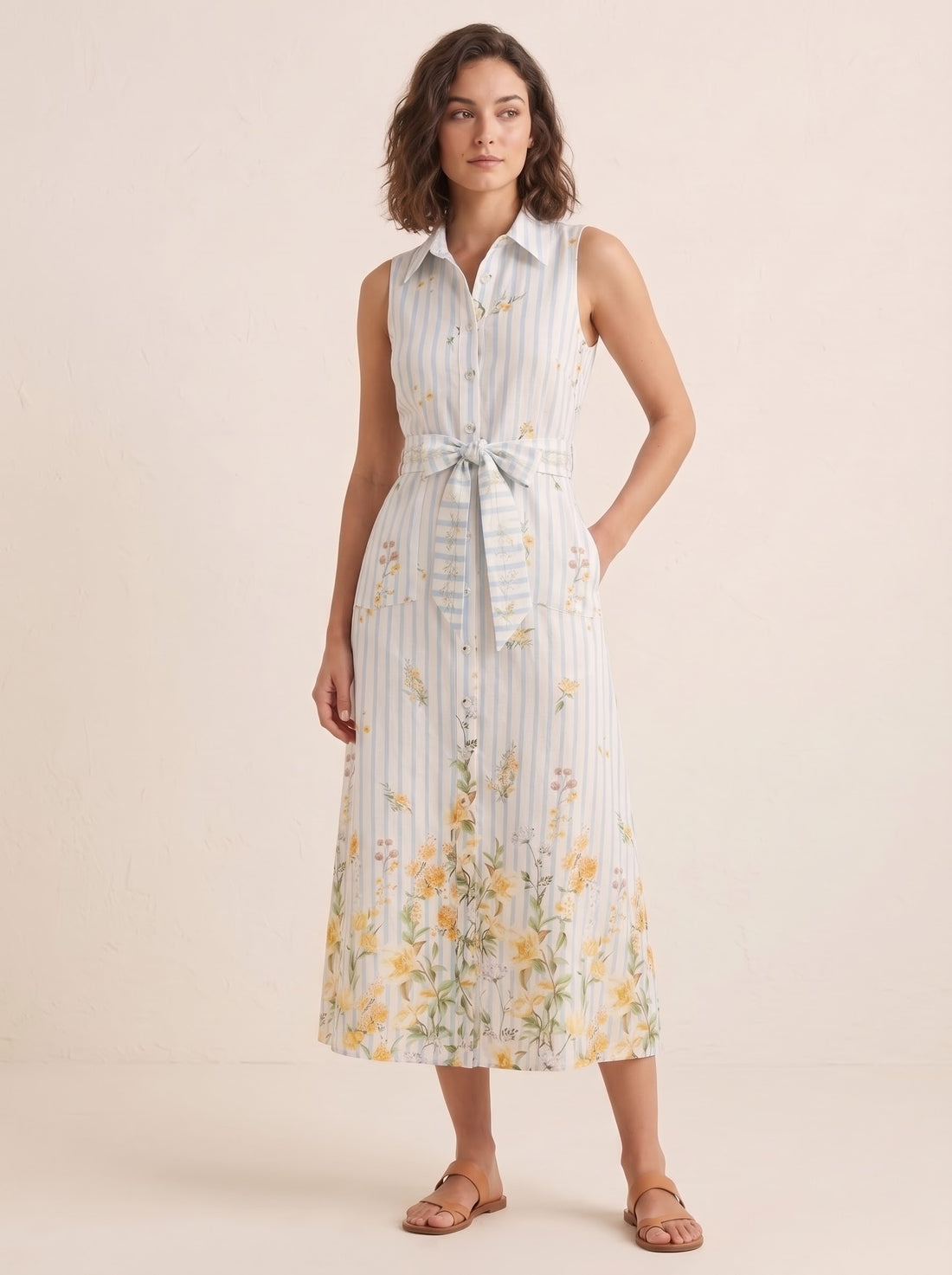 Striped Floral Print Belted Midi Dress