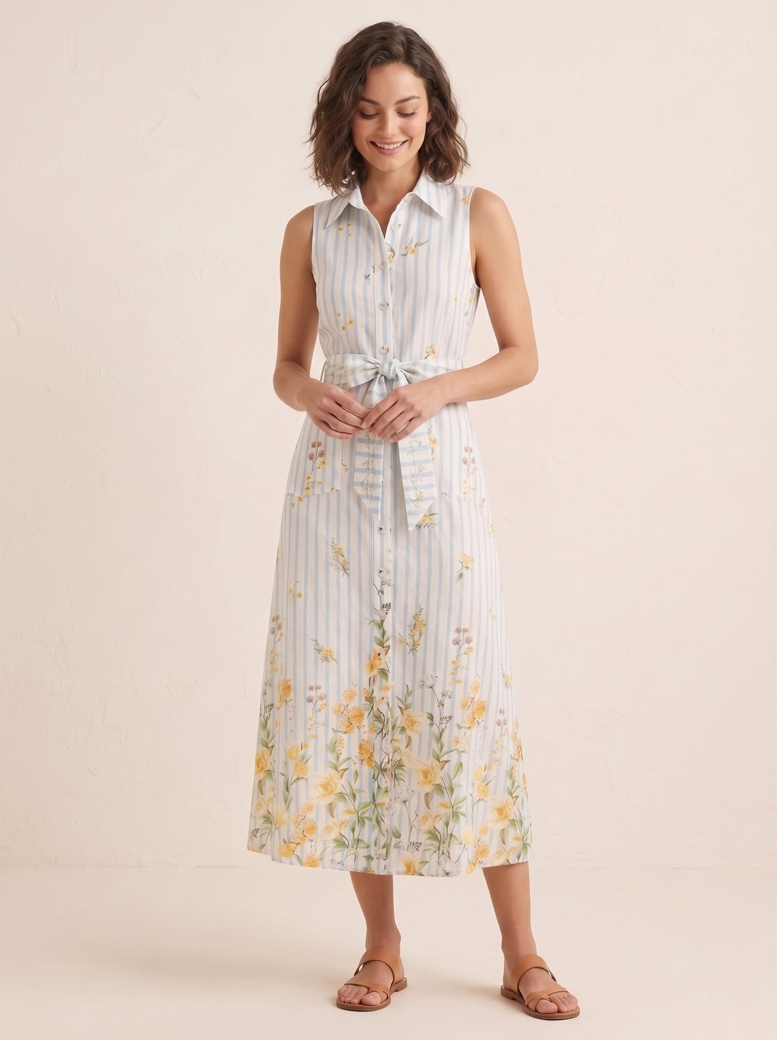 Striped Floral Print Belted Midi Dress
