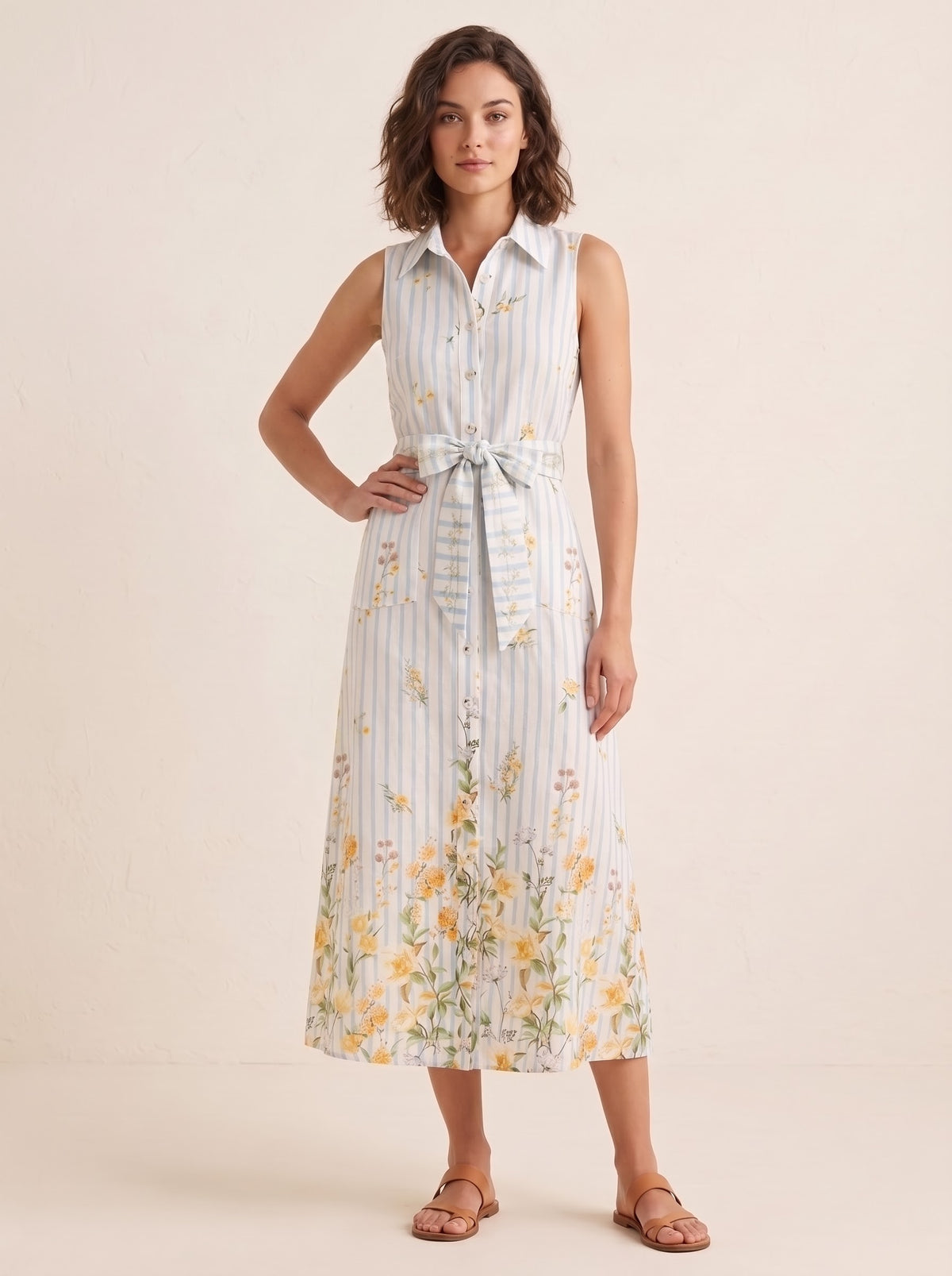 Striped Floral Print Belted Midi Dress