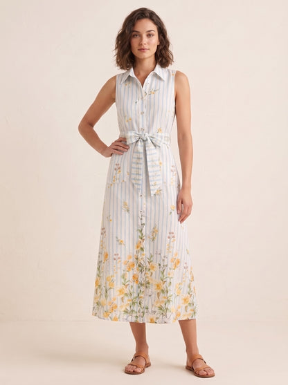 Striped Floral Print Belted Midi Dress