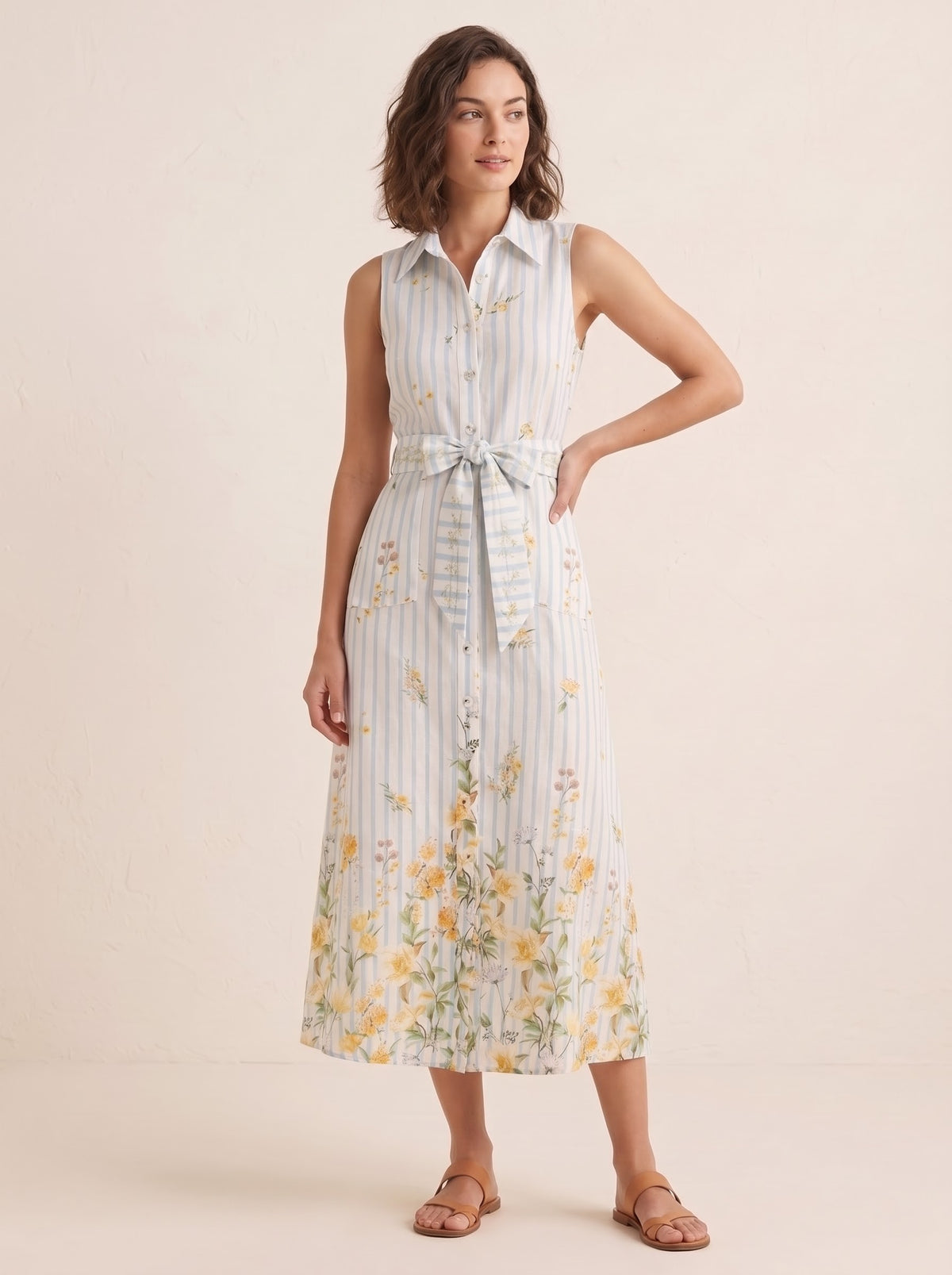 Striped Floral Print Belted Midi Dress