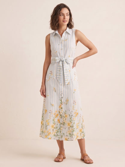 Striped Floral Print Belted Midi Dress