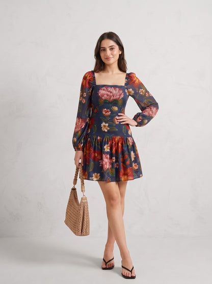 deep blue Floral Printed  Mini Dress