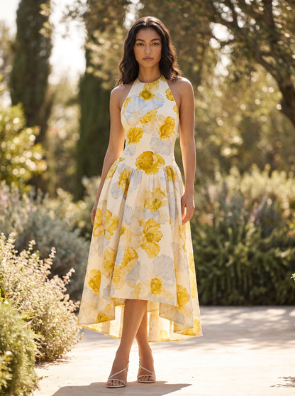 Watercolor Floral Printed Halter Neck Midi Dress