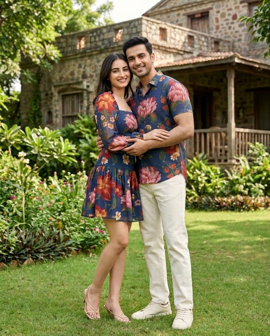 Deep Blue Botanical Floral Couple Matching Set