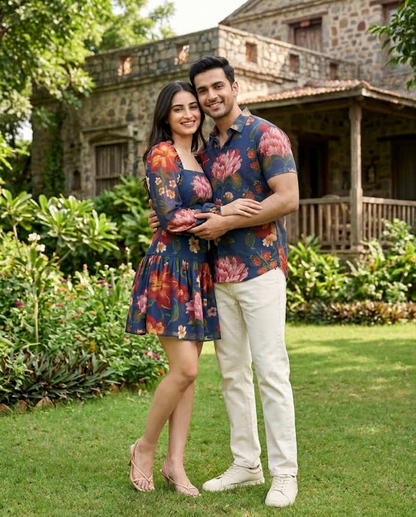 Deep Blue Botanical Floral Couple Matching Set