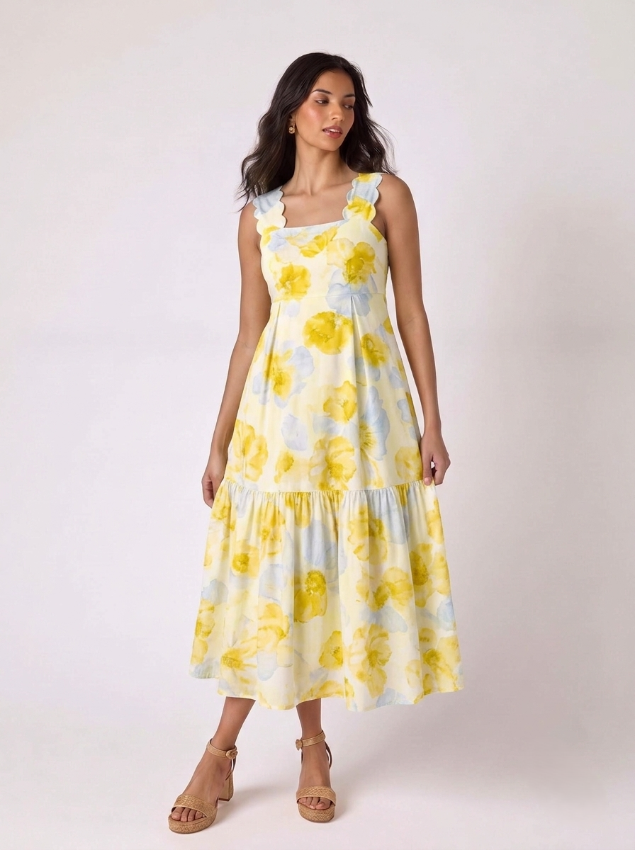 Yellow Floral Scallop Strap Midi Dress
