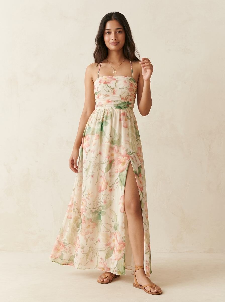 blush watercolour Strappy Slit Maxi Dress