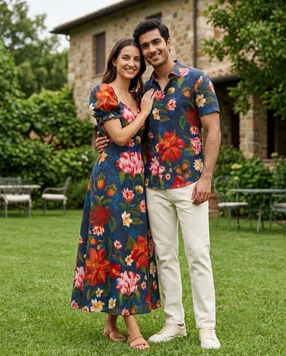 Midnight Blue Botanical Matching Couple Set