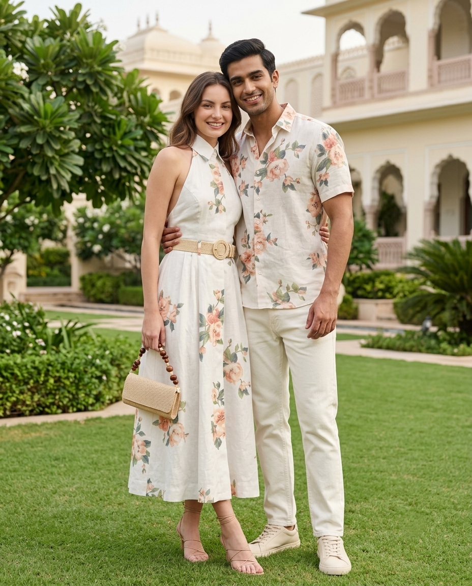 Ivory Floral Matching Couple Set